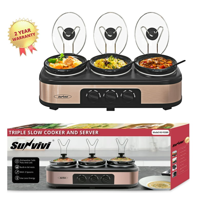 Triple Slow Cooker with 3 Spoons, 3 Pot 1.5 Quart Oval Crockpot Food Warmer  Buffet Server, Brown 