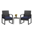 thumbnail image 1 of Conjunto de bar para jardín de ratán PE negro - Muebles para exteriores duraderos - Mesa de vidrio templado - Perfecto para patio y terraza - Incluye cojines azules - Color: Ratán negro + cojín azul, 1 of 8