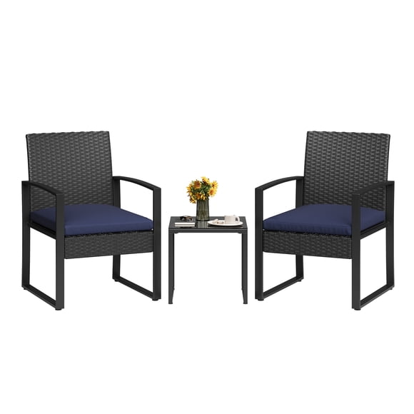 Set de 3 Piezas de Muebles de Patio – Sillas de Mimbre – Mesa de Café con Vidrio – Ratán PE – Jardín, Porche y Piscina – Sin Mecedora