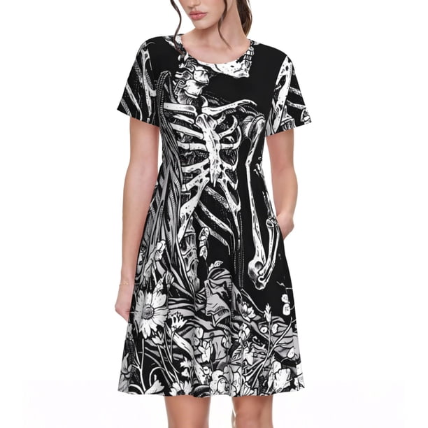 Balery Gothic Skull Floral Art Vestidos sueltos de manga corta para mujer, vestidos de verano 2025, vestidos casuales de corte A con vuelo.