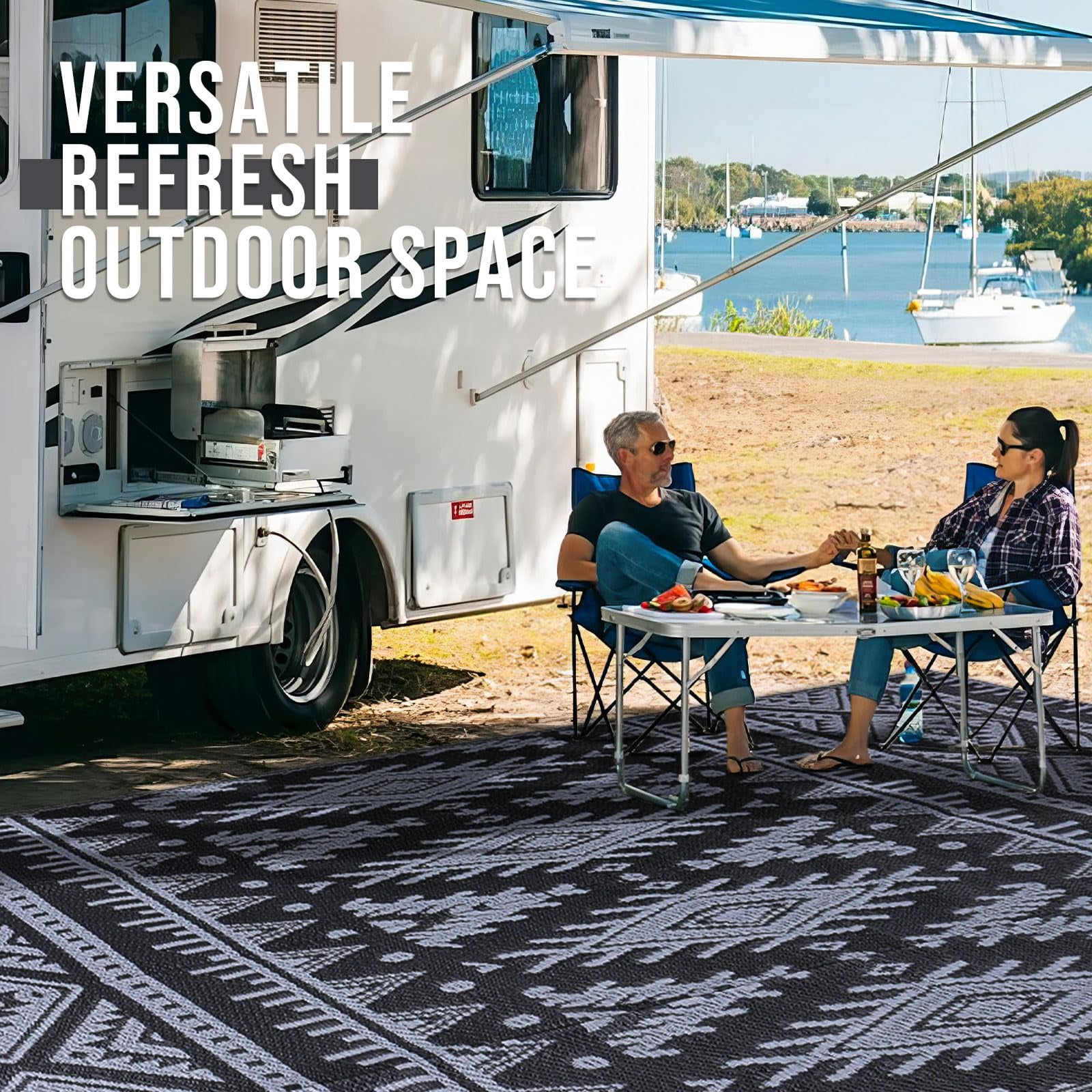 Smiry Outdoor Rugs 8'X10', Waterproof Plastic Outdoor Mat, Reversible Outdoor Carpet for Patio, RV Camping, Porch, Black & Grey