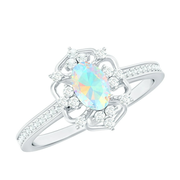 Rosec Jewels Real Ethiopian Opal Oval Engagement Ring 1 Carat - AAA Grade - Vintage Inspired Opal Diamond Ring - with Jewelry Box, 925 Sterling Silver, US 4.00