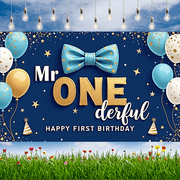 Yatrandify Blue Bow Tie Happy Birthday Banner Mr ONE derful First Birthday Celebration for Baby Boy Indoor Party Photo Shoot