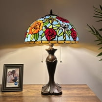 Tiffany Table Lamp Red Orange Blue Stained Glass Rose Flowers LED Bulbs Included For Living Room Bedroom Bedside 16"W*16"D*24"H