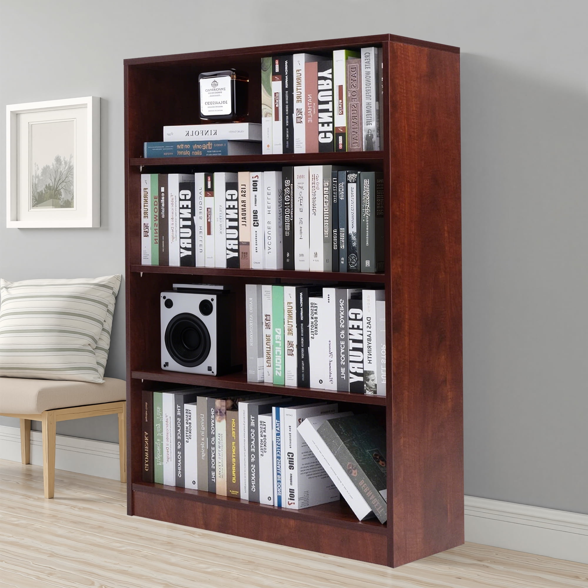 MAYEERTY Brown 4-Shelf Modern Wood Bookcase, 48" Tall, for Bedroom, Living Room, and Manga Library