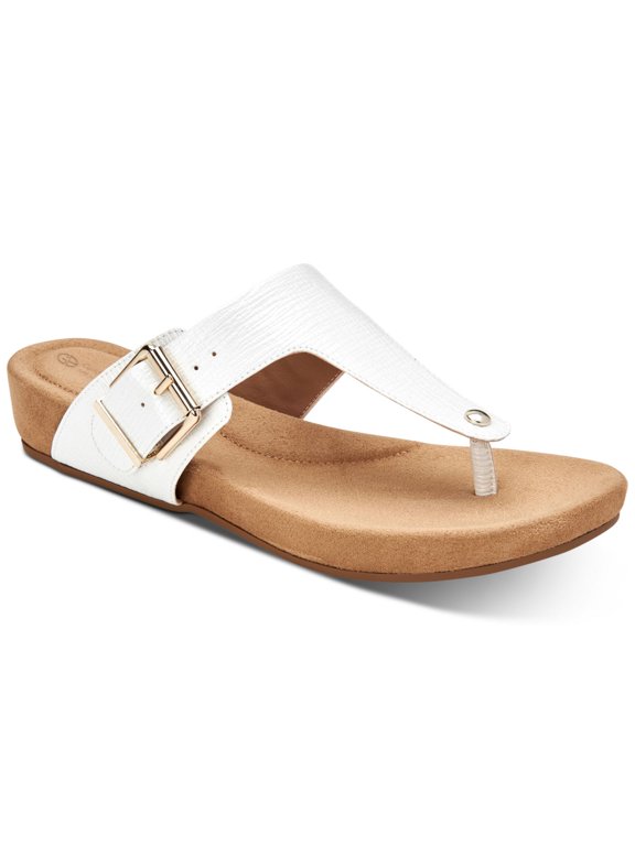 Womens White Croc 1/2" Platform Buckle Accent Adjustable Rivver Round Toe Wedge Slip On Thong Sandals 5 M