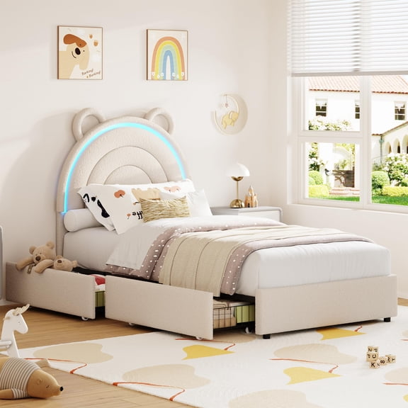 Twin Bed Frame Gray Soft Upholstered Princess Style with LED Lights Rainbow Headboard Storage Drawers Wood Slats No Box Spring for Girls Teens Bedroom