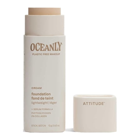 ATTITUDE Oceanly Plastic-Free Light Coverage Foundation Stick, Titanium Dioxide-Free, EWG Verified, Vegan and Cruelty-free Makeup, Cream, 0.42 Ounces