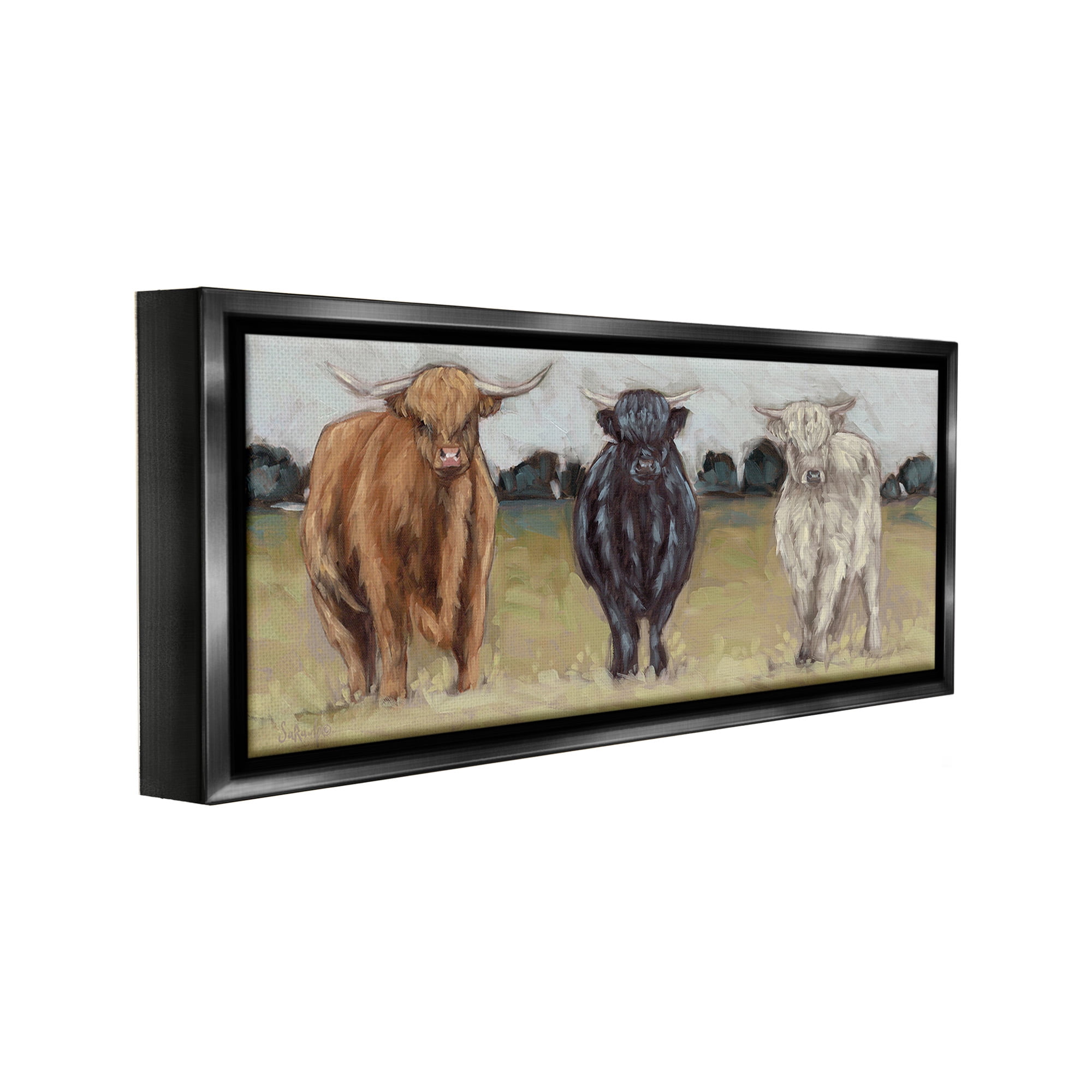 Stupell Industries Cattle Trio in Pasture Animals & Insects Painting Black Floater Framed Canvas Art Print Wall Art, 25 x 11