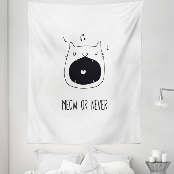 Cat Lover Tapestry, Meow or Never Word Singing Kitten Fangs Music to Ears Cat Me if You can, Fabric Wall Hanging Decor for Bedroom Living Room Dorm, 5 Sizes, Dark Chestnut Brown, by Ambesonne