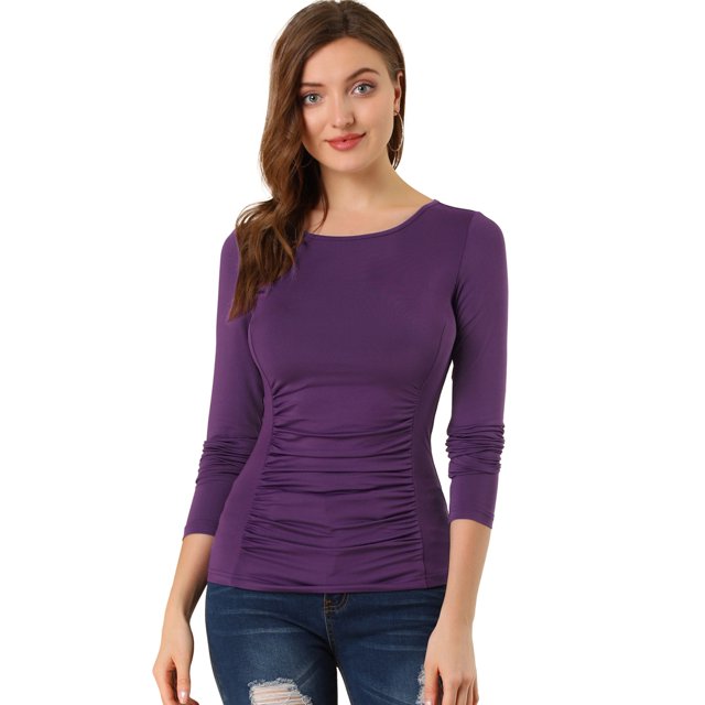Allegra K Blusa Acanalada De Manga Larga Con Cuello Redondo Para Mujer Top Entallado Informal Morado oscuro XS