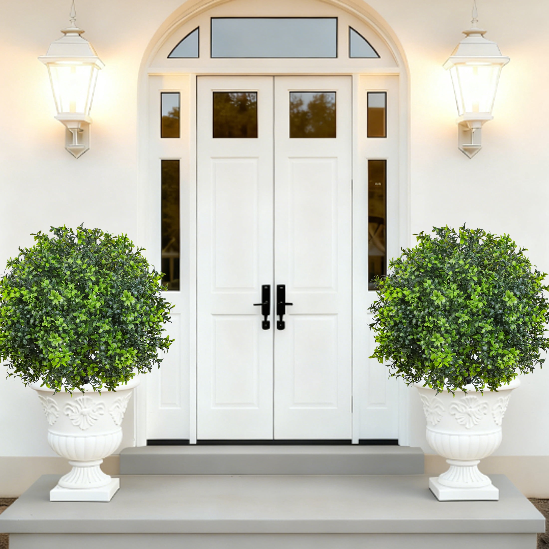 HKKDKTA 2 Pack Artificial Boxwood Topiary Ball Trees with Ground Spike,UV Resistant Faux Bushes Plants for Indoor Outdoor Garden Patio Decor
