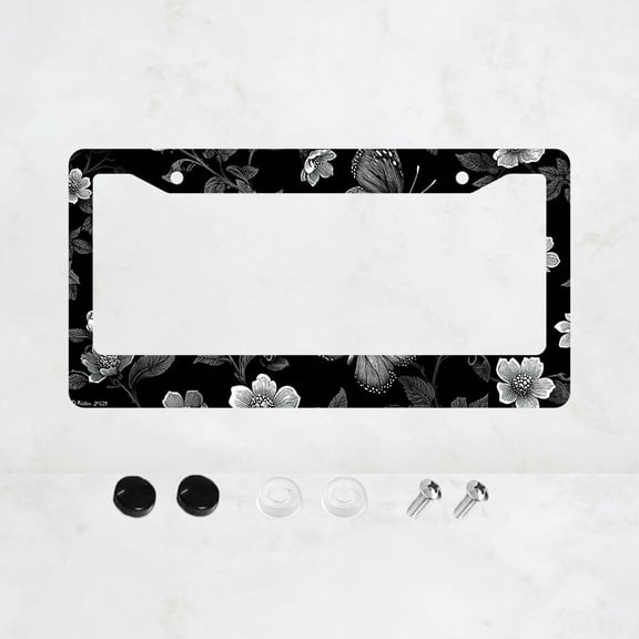 1pc Black and White Floral Butterfly Pattern 2-Hole License Plate Frame, Aluminum Material, 6x12 Inches with Screw Kit, Retro Novelty Car Decoration Gift, Fits US Standard License Plate Size