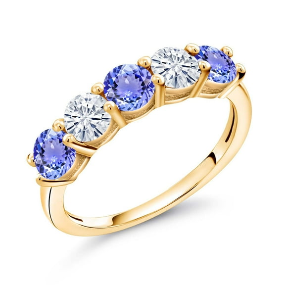 Gem Stone King 18K Yellow Gold Plated Silver Blue Tanzanite and Moissanite 5-Stone Wedding Band Ring for Women | 0.86 Ct | Round 3.5MM | Wedding Engagement Anniversary Promise Ring for Women | Size 9