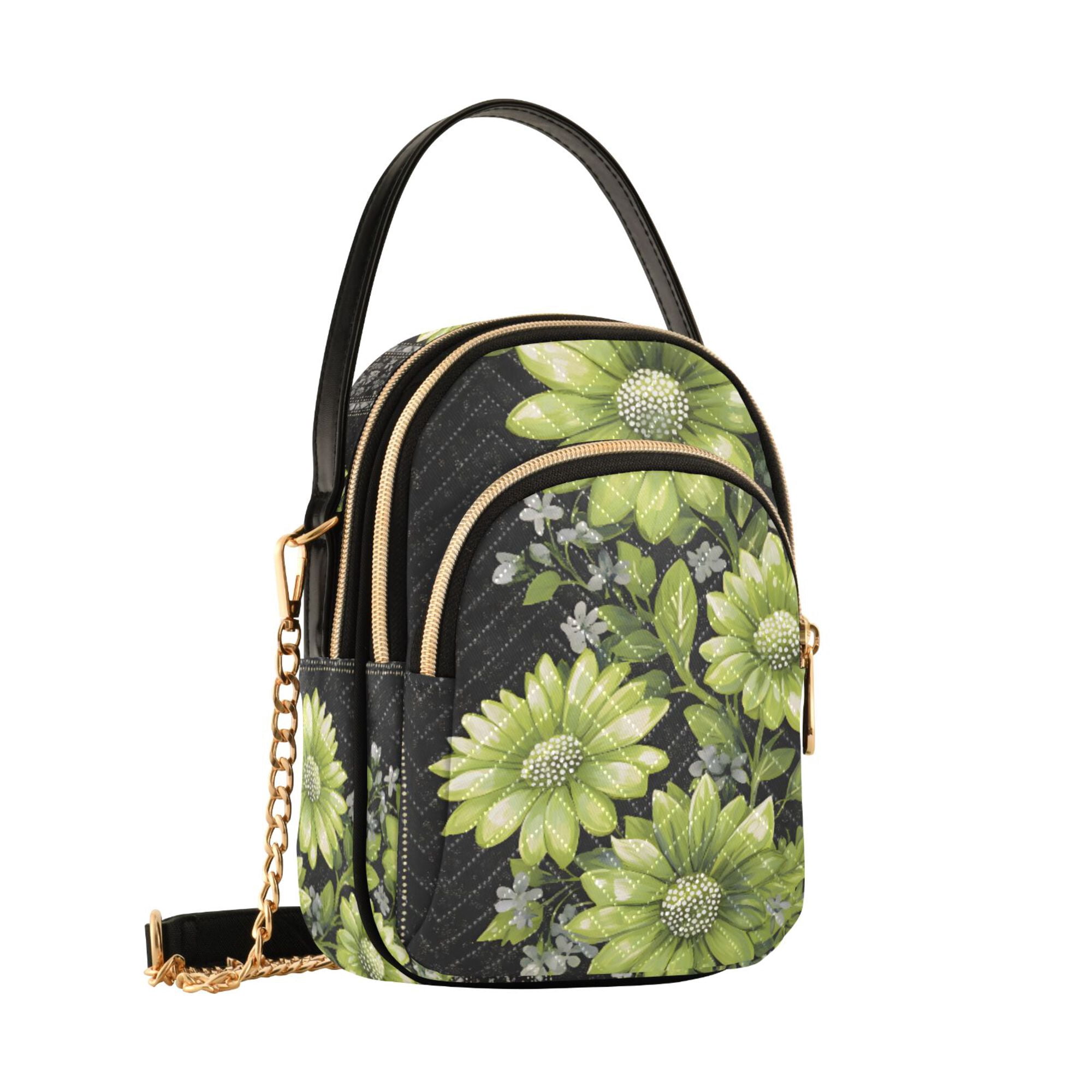 FORMRS Crossbody Bag for Women Quilted Travel Shoulder Cell Phone Purse with Chain Strap Handbag, Green Flowers