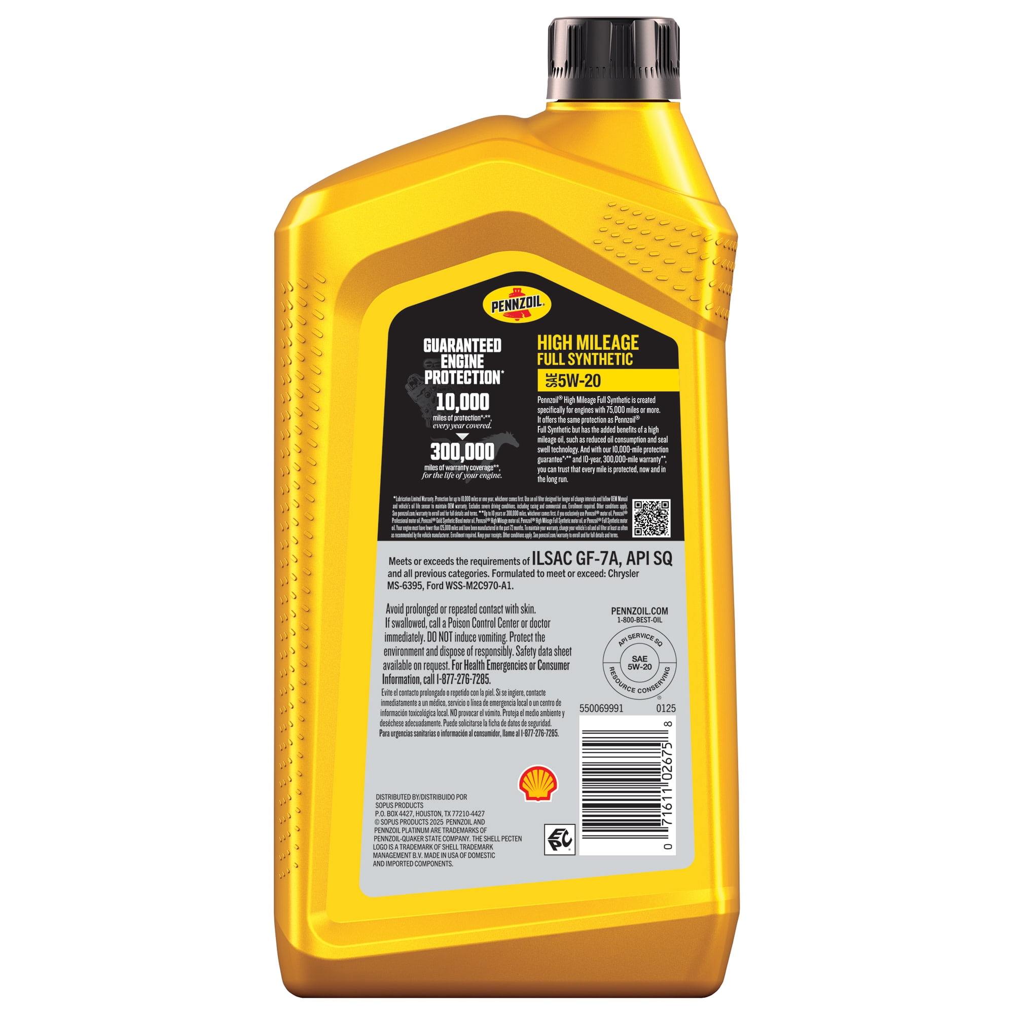 Pennzoil High Mileage Full Synthetic 5W-20 Motor Oil, 1 Quart
