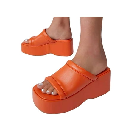 

Colisha Ladies Slides Slip On Casual Shoes Thick Sole Platform Sandals Beach Solid Color Slide Slippers Summer Wedge Shoe Orange 7.5