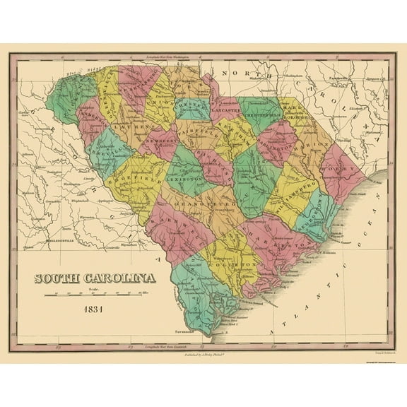 Historic State Map - South Carolina - Finley 1831 - Vintage Wall Art