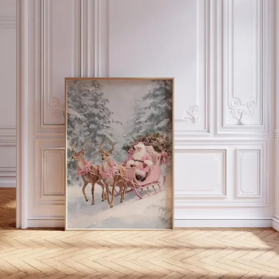 Pink Santa Sleigh Ride Print, Vintage Christmas Santa Wall Art, Preppy Christmas Poster, Holiday Home Decor, Unframe
