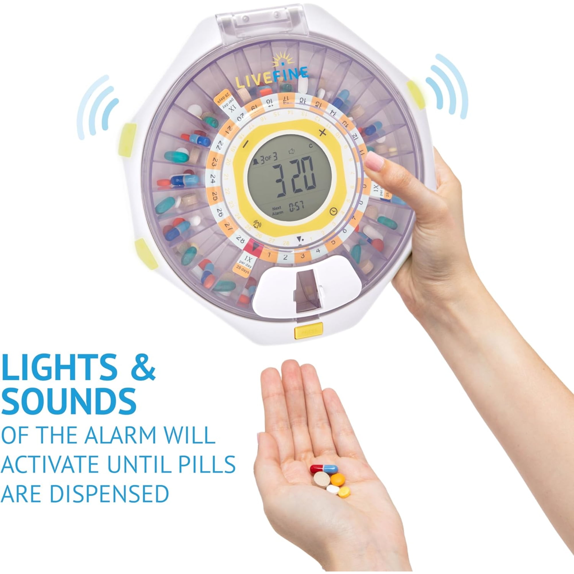 LiveFine Bluetooth Automatic Pill Organizer with Alerts, Lock & LCD - Clear Lid