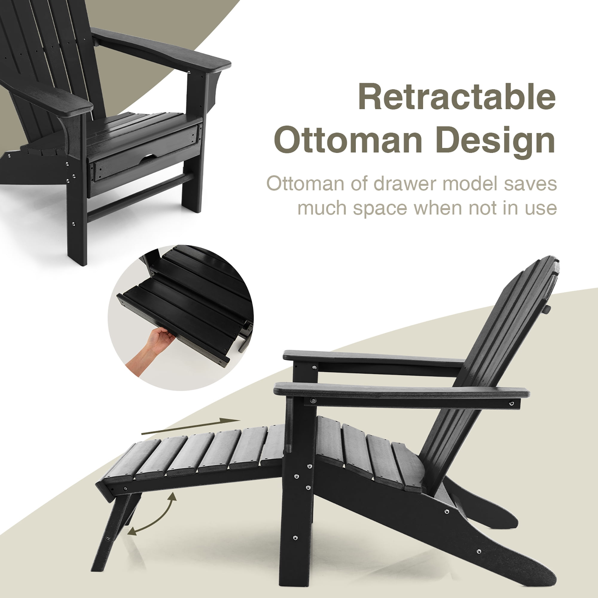 Costway Outdoor Patio HDPE Deck Adirondack Chair Beach Seat Retractable Ottoman Black