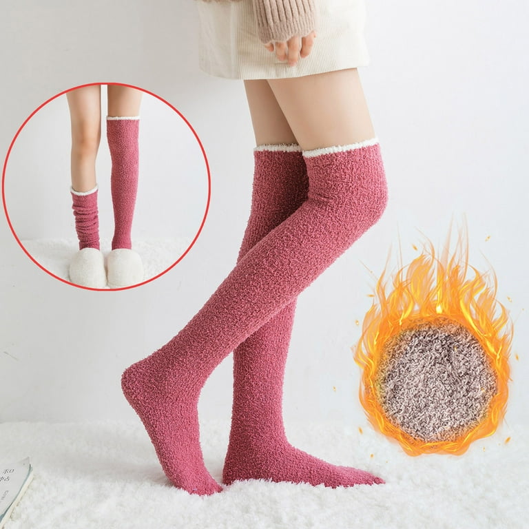 wendunide Women's Solid Fuzzy Socks Winter Warm Over Knee High Socks Home  Thigh-High Warm Socks Leggings Hot Pink 