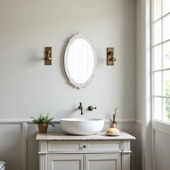 Sintosin Antique Wall Mirror 24" x 14", Distressed White Vintage Wood Ornate Glam Oval Mirrors for Living Room, Bathroom, Entryway & Bedroom Decor