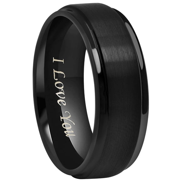 CROWNAL 6mm 8mm 10mm Black Tungsten Wedding Band Ring Engraved I Love You Men Women Step Down Edges Brushed Finish (8mm,14)