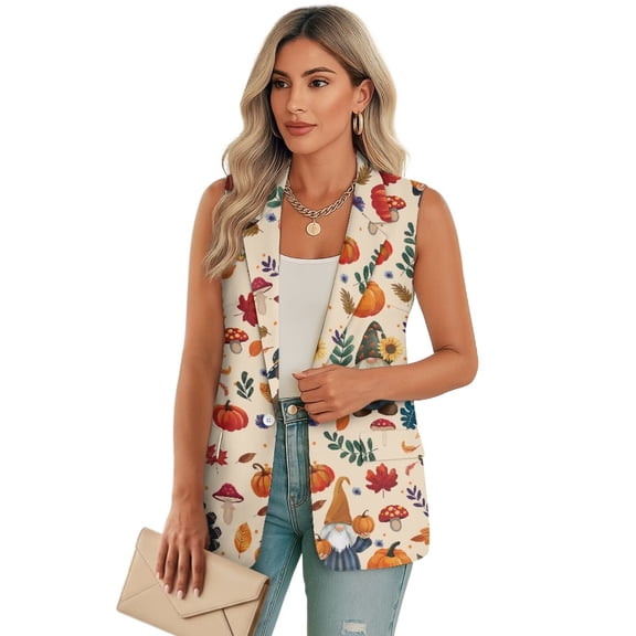 Uorisanigo Thanksgiving Pumpkin Mushroom Women's Suit Vest with Pockets Size S V Neck Women's Suit Vest Top Lightweight Vests Blazer Fashion Outerwear