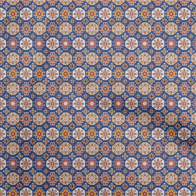 oneOone Polyester Spandex Medium Blue Fabric Asian Kilim Sewing Material Print Fabric By The Yard 56 Inch Wide