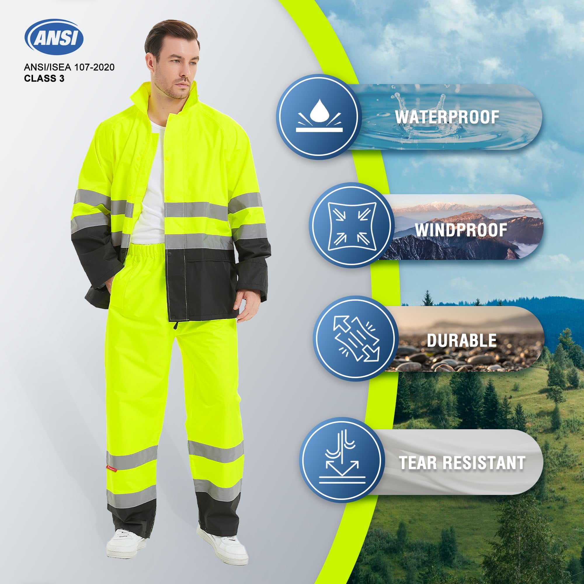 ProtectX Hi Vis Safety Rain Jacket and Pants, Waterproof