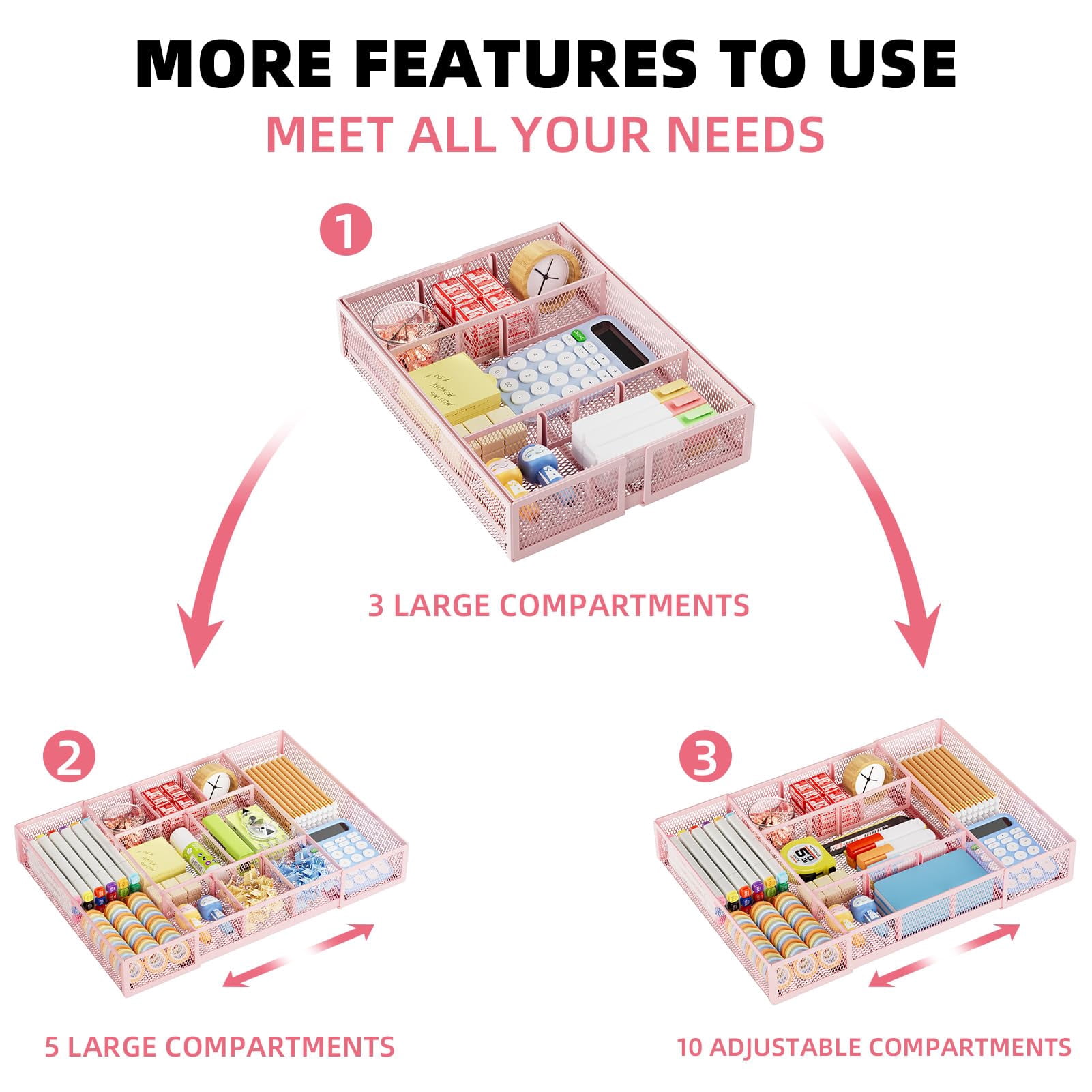 Expandable Desk Drawer Organizer  Mesh Tray With 10 Adjustable Compartments Organizers For Office Supplies Makeup & Vanity (expandable-pink)