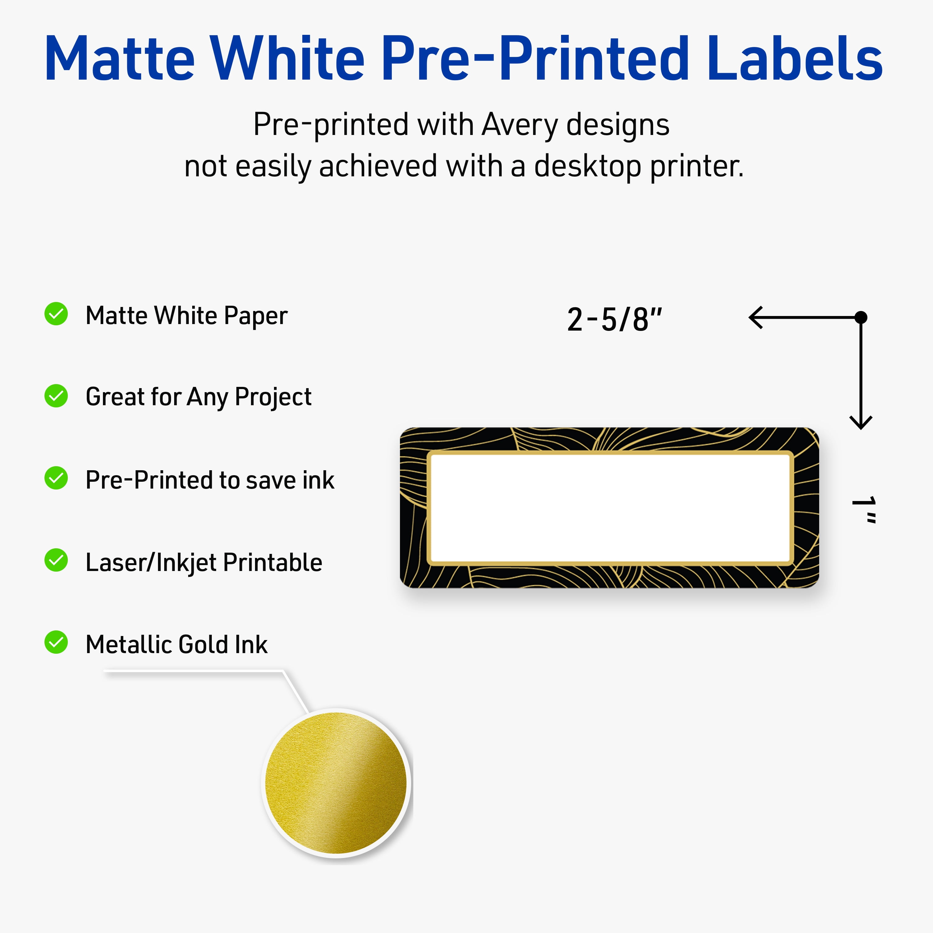 Avery Address Labels, Black with Gold Pattern, 1" x 2-5/8", Matte, Black Border with Gold Veins