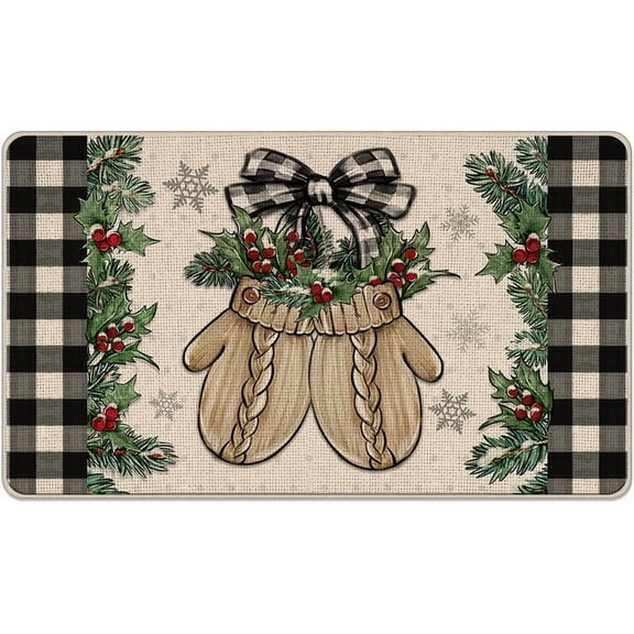 Winter Mitten Decorative Front Door Mat, Black White Buffalo Plaid Check Doormat Indoor Outdoor Farmhouse Non-Slip Floor Entryway Rug, Christmas Holiday Home Kitchen Decoration 17x30 Inch