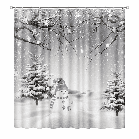 Winter Christmas Shower Curtain, Cute Snowman Snowflake Scene Shower Curtains for Bathroom, Pine Tree Covered Snow Fabric Bath Curtains Set with Hooks, 72x72 Inches
