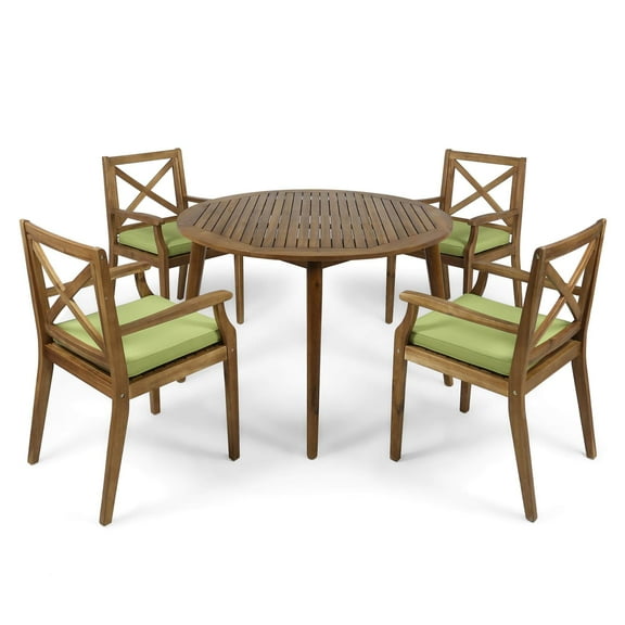 GDF Studio Lemyra Outdoor Acacia Wood 5 Piece Dining Set with Cushions, Teak and Green