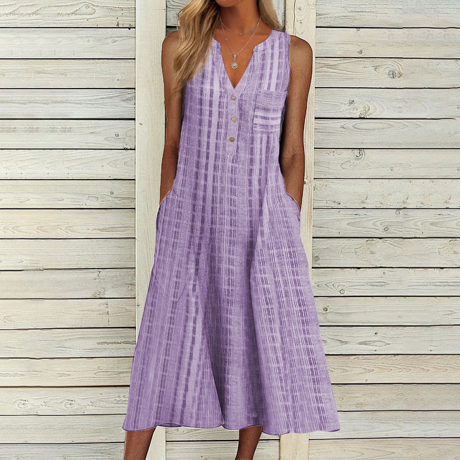 Jienlioq Robe Femme Grande Taille Liquidation Mode Décontractée Sans Manches Col en V Bouton Rayé Imprimé Poche Robe Maxi