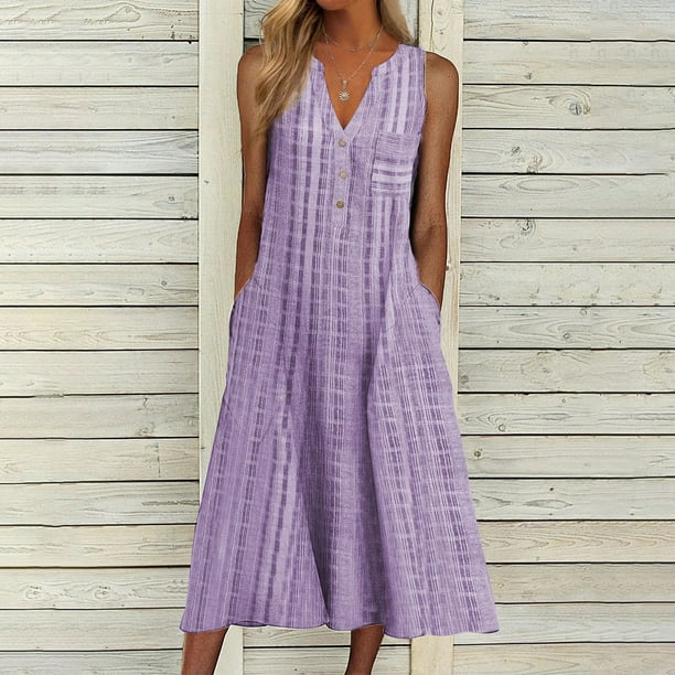 ICHUANYI ClearanceWomen's Fashion Casual Sleeveless V-Neck Button Striped Print Pocket Maxi Dress(Purple, XL) ICHUANYI WER20232080503468
