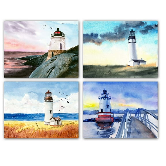 Small World Greetings Watercolor Lighthouse Cards 12 Count - Blank Inside with Envelopes - Nature Stationery - Thank You, Birthday, Thinking Of You, and More - A2 Size (5.5”x4.25”)