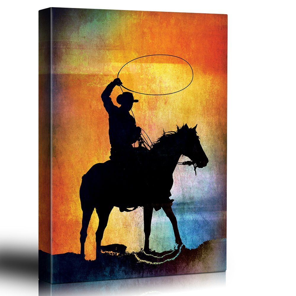 Canvas Art Rustic Scene of a Cowboy on His Horse on a Wooden Background 24x36 
