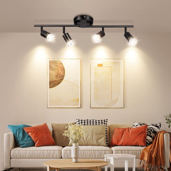 JSXing Kit de iluminación de riel LED de 4 luces, cabezales de luz giratorios flexibles, foco de techo de 4 vías con acabado negro, que incluye 4 bombillas LED GU10-4W 400LM (neg