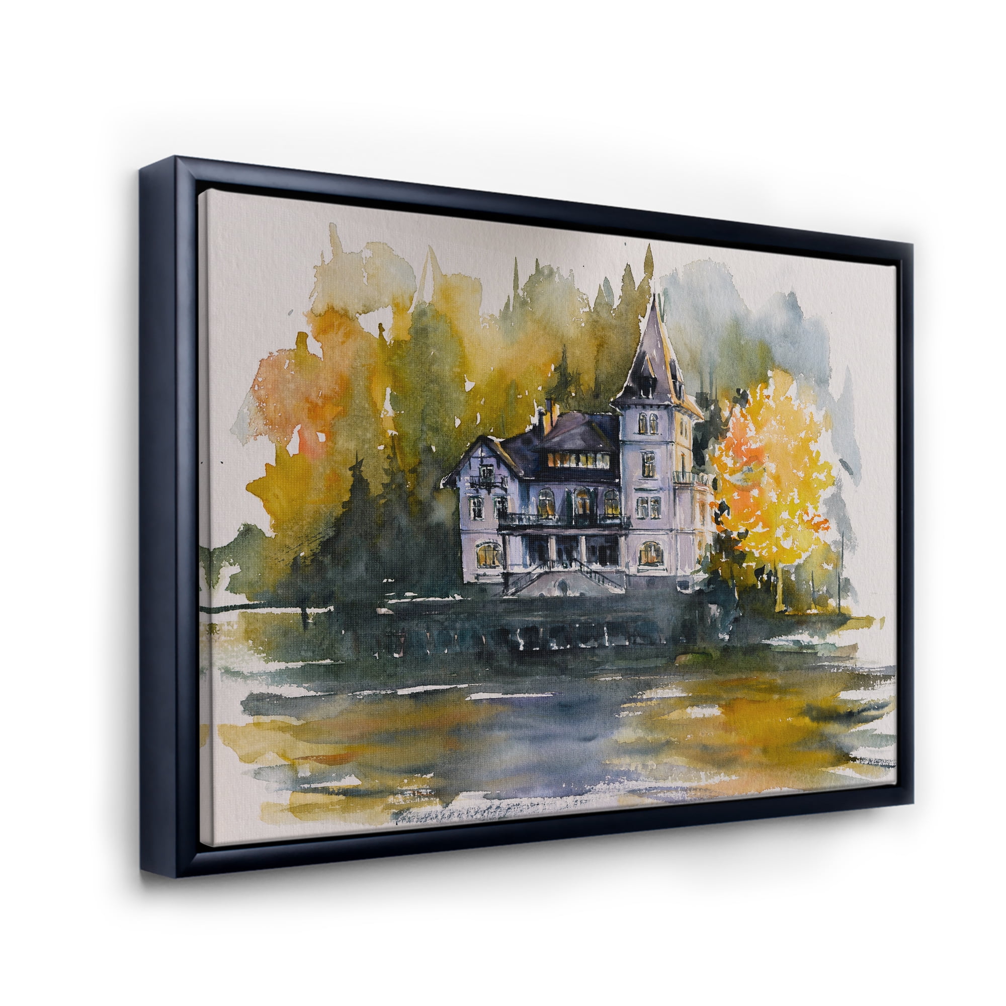 Designart 'Castle With Autumn Trees By The Lake' Lake House Framed Canvas Wall Art Print
