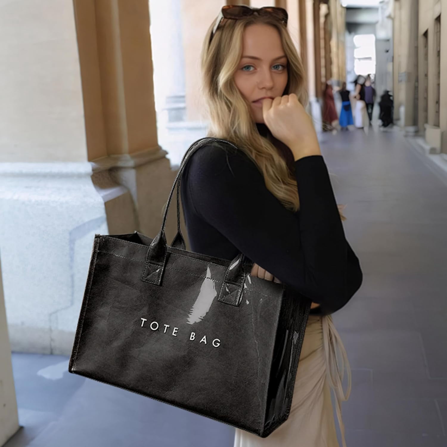 PVC Tote Bag for Women - Kraft Paper Work Handbags Purses with Top Handle（Black）