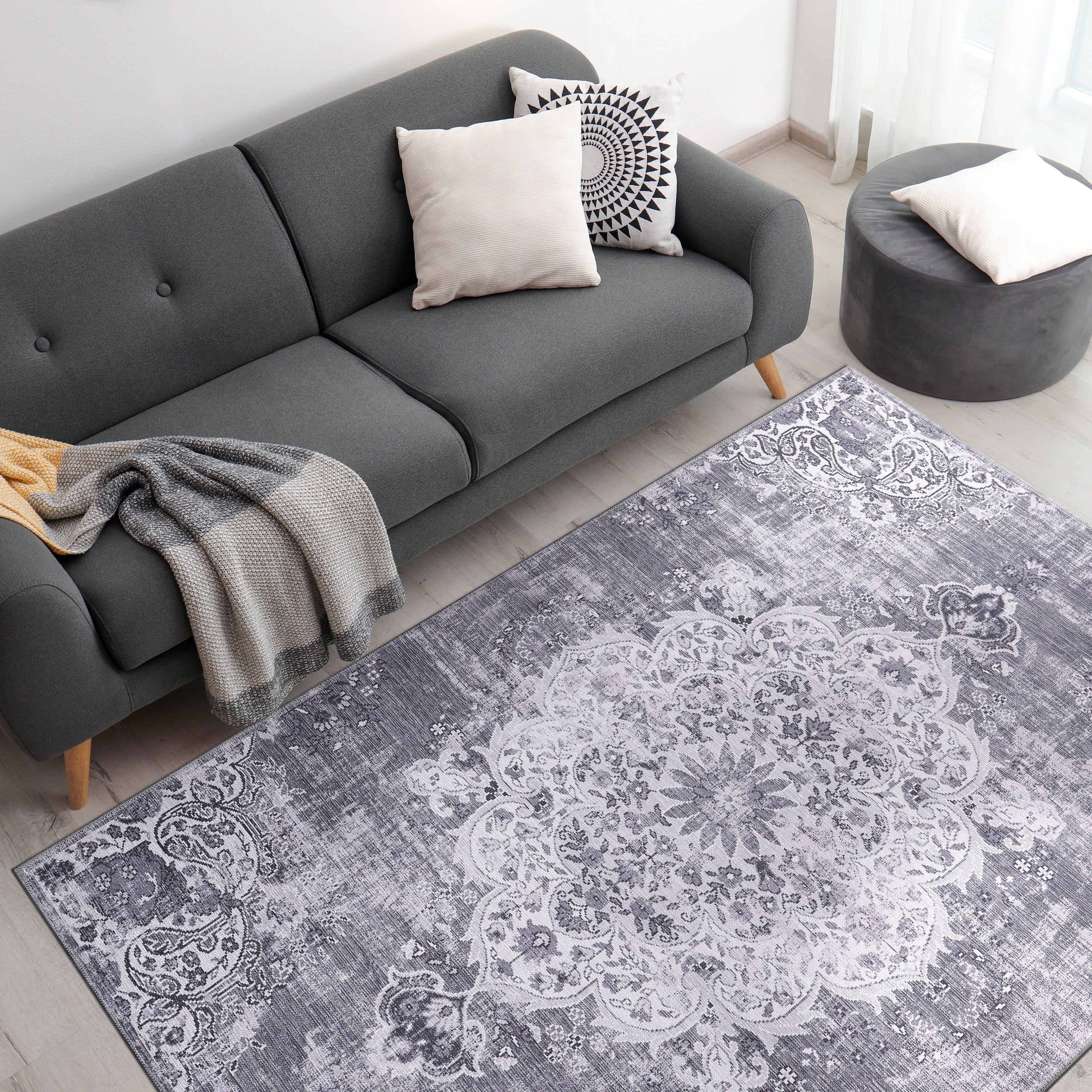 CAMILSON Machine Washable Rug, Distressed Vintage Area Rugs, Stain and Water Resistant, Traditional Bohemian Indoor Carpet (5x7, Grey)