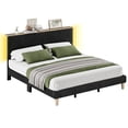 thumbnail image 4 of Bestier King Platform Bed with Adjustable Storage Headboard Shelf, LED Corduroy Upholstered Bed Frame, Black, 4 of 9