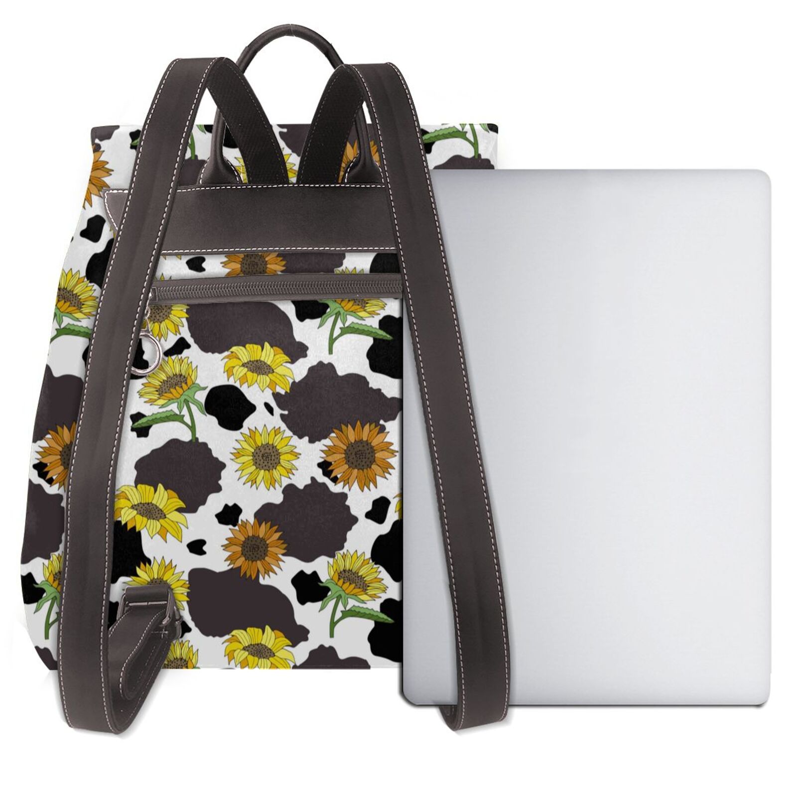 Xecao Black Cow Sunflowers Print Large Backpack Soft Leather for Women Travel with Compartment, Adjustable Convertible Strap