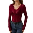 thumbnail image 2 of Royisotas Wine Women's Tops Casual Lace Splicing Long Sleeve Fall and Winter Women Blouses and Shirts Fashion V-Neck Skinny T-Shirt, 2 of 7