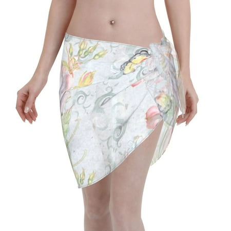 Disketp Vintage Rose Women Swimsuit Cover Up Short Chiffon Summer Beach Sarong Bikini Wrap Skirt Bathing Suit