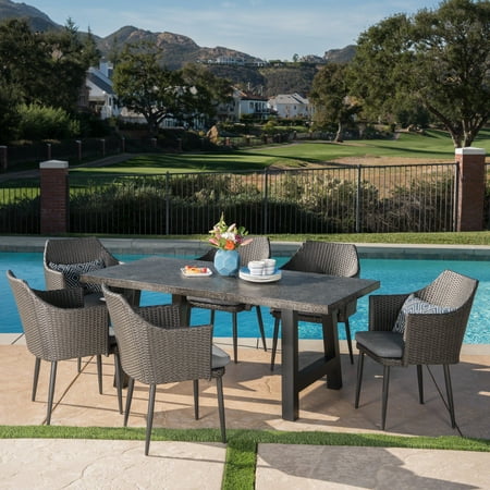 Mix For Concrete Patio Noah Outdoor 7 Piece Wicker Dining Set with Light Weight Concrete Dining Table and Cushions, Stone Grey, Black, Mixed Black, Grey ()