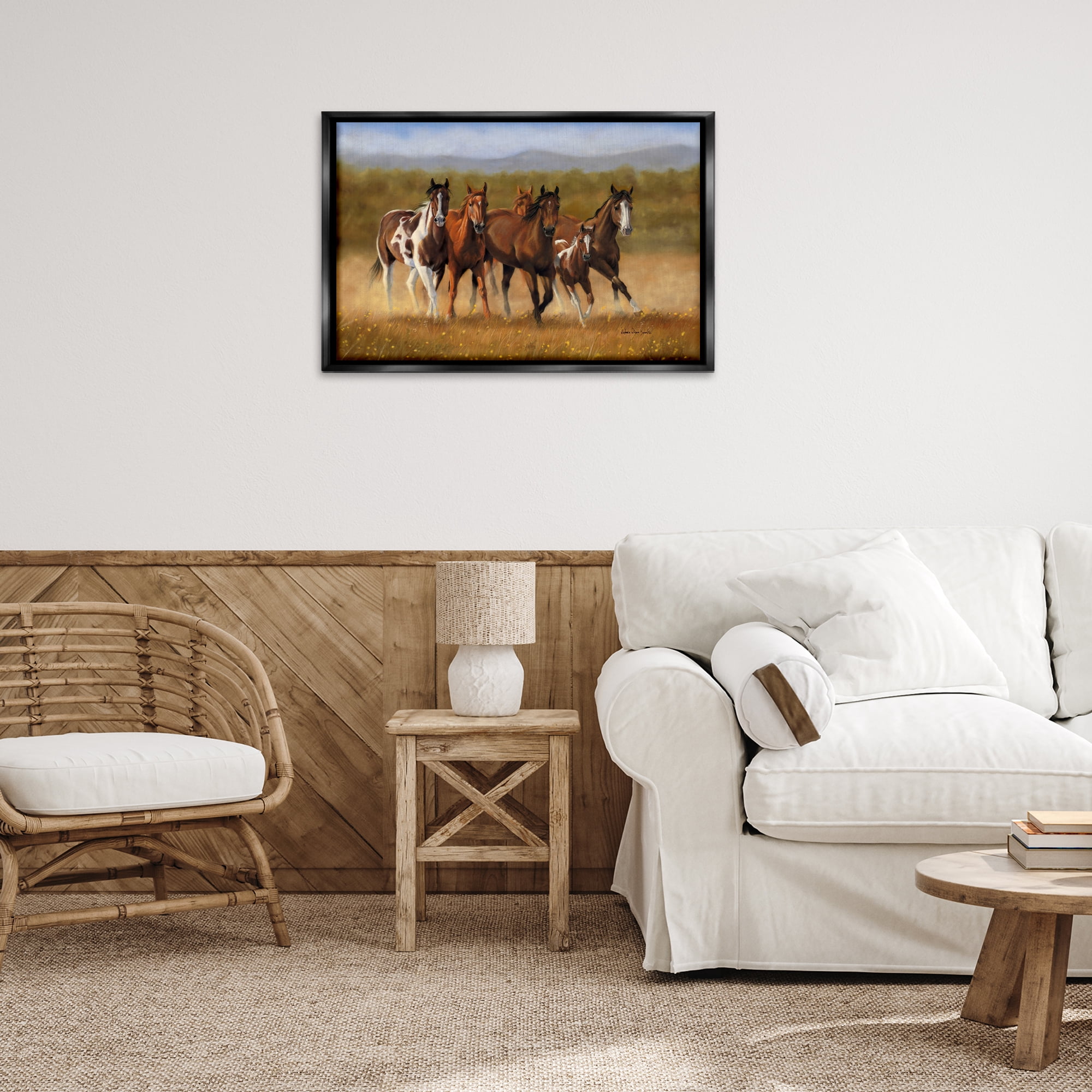 Stupell Industries Foal's First Run Animals & Insects Painting Black Floater Framed Canvas Art Print Wall Art, 31 x 21